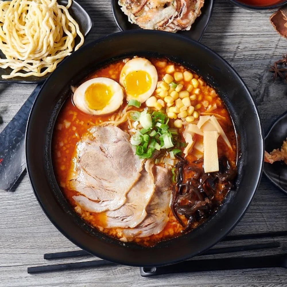 Spicy Tokyo miso ramen with chashu, ajitama, corn and toppings at RAMEN OSAKA, a Ramen Restaurant in San Jose