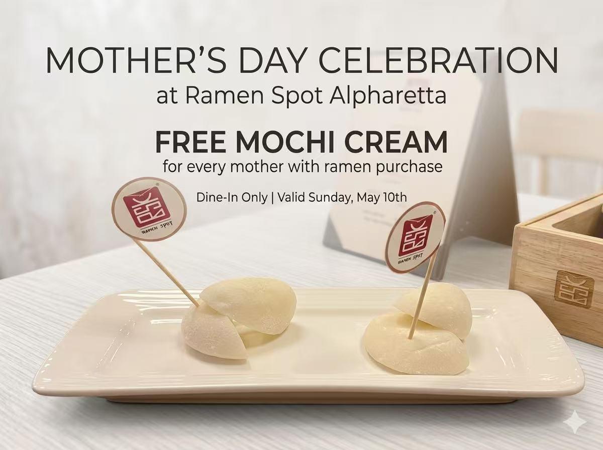 Close-up of two pieces of white mochi cream on a rectangular plate with Ramen Spot logo picks for Mother's Day celebration.