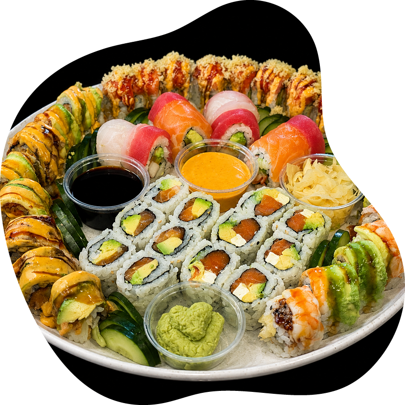 Assorted sushi platter with rolls, sashimi, and dipping sauces at Red Apple Buffet, a Buffet restaurant in Chicago