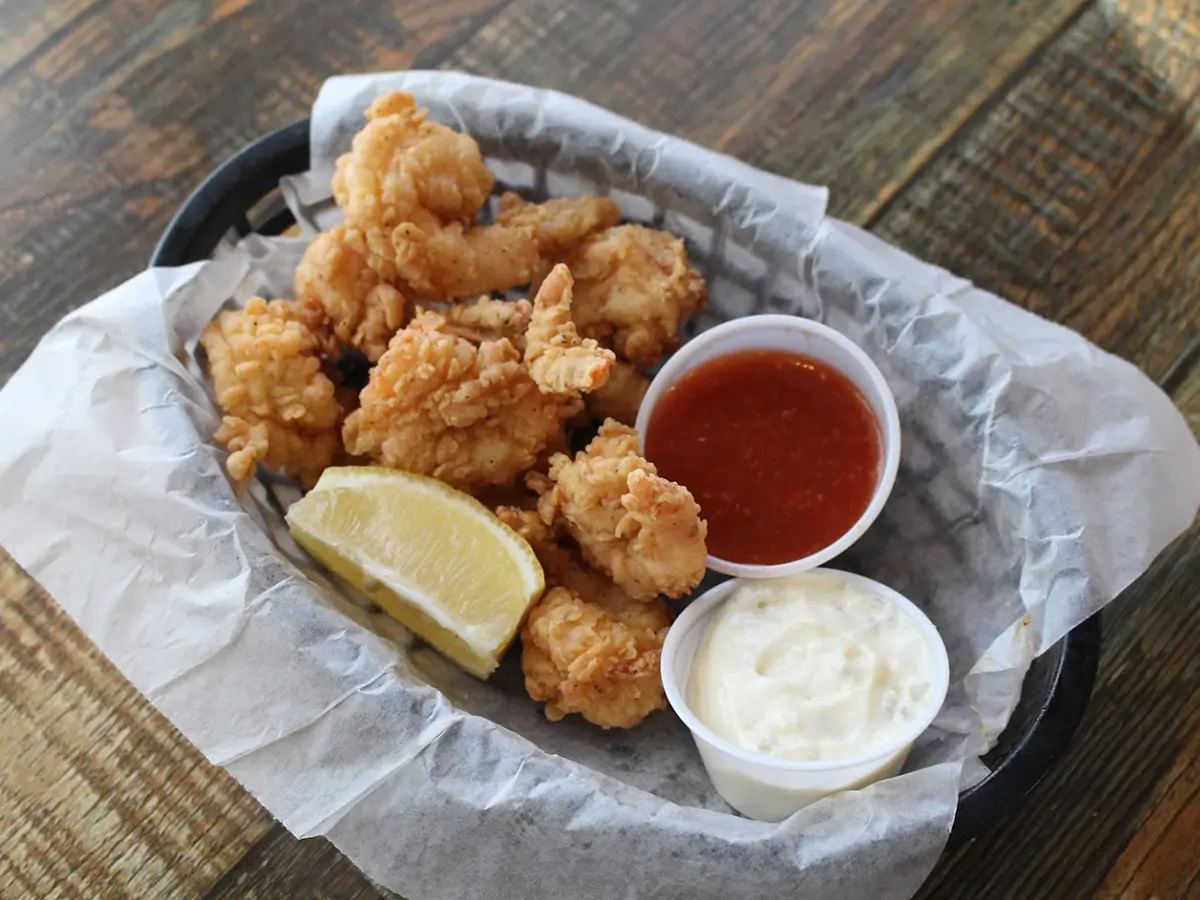 Fried calamari with sauces at Red Crab, an Seafood Restaurant in Port St. Lucie.