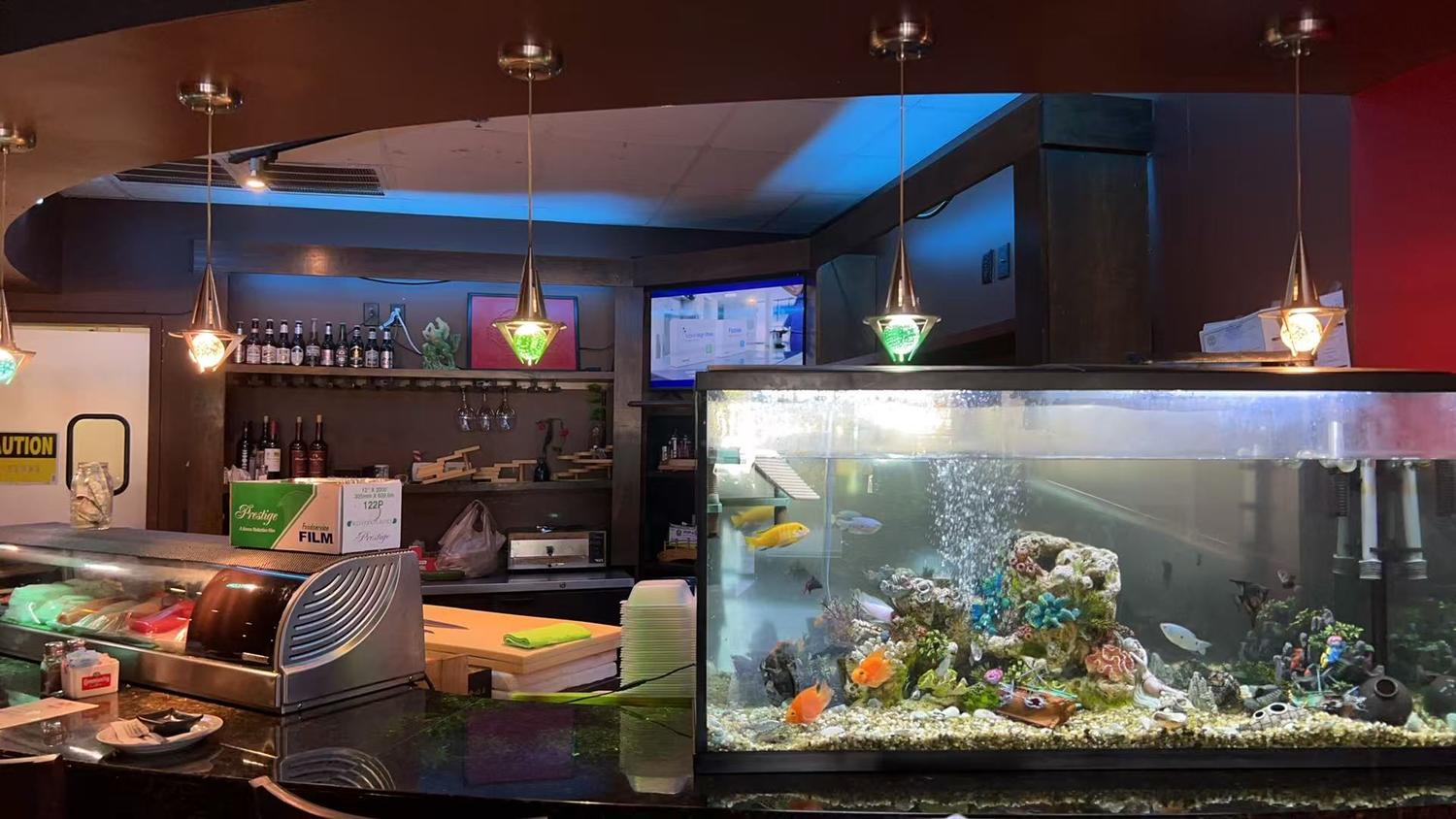 Japanese restaurant interior with sushi bar and large fish tank.