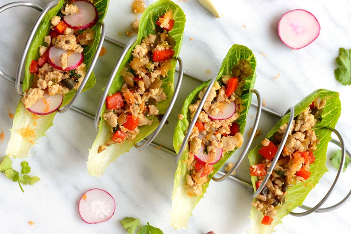 Chicken lettuce wraps with radish and peppers at Red Ginger Asian Bistro, an Asian Fusion Restaurant in Lake City