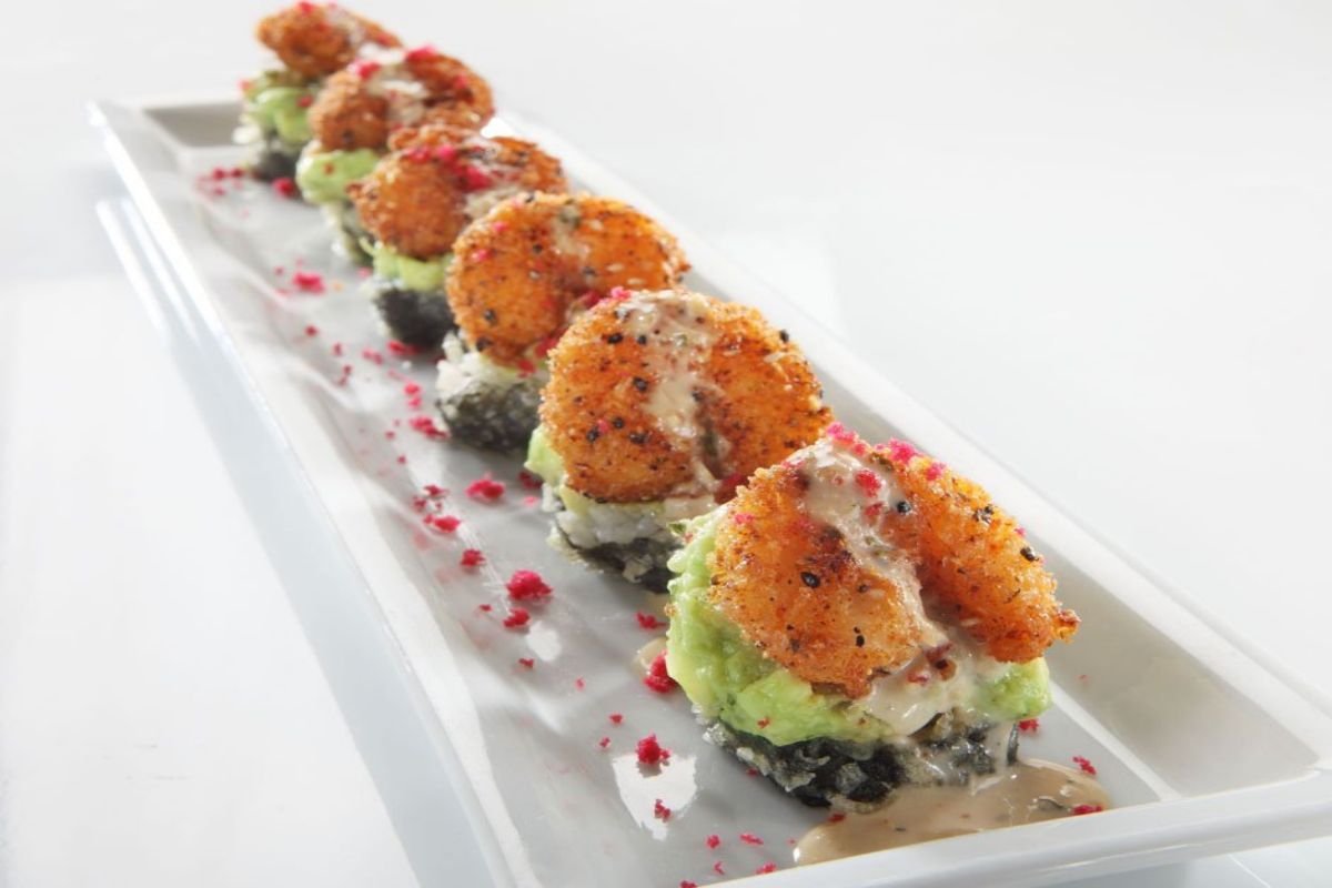 Fried shrimp sushi rolls with avocado and sauce at Red Ginger Asian Bistro, an Asian Fusion Restaurant in Lake City