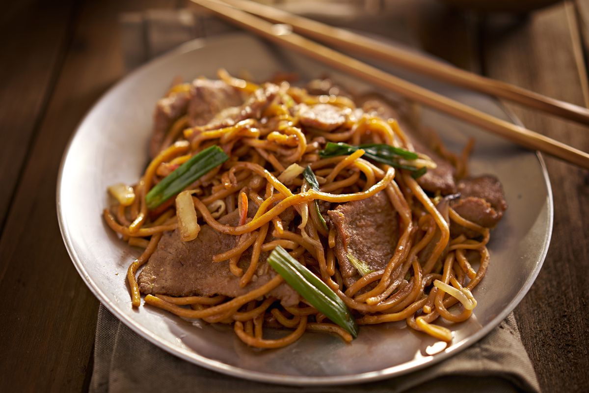 Beef lo mein stir-fried noodles with scallions at Red Ginger Asian Bistro, an Asian Fusion Restaurant in Lake City
