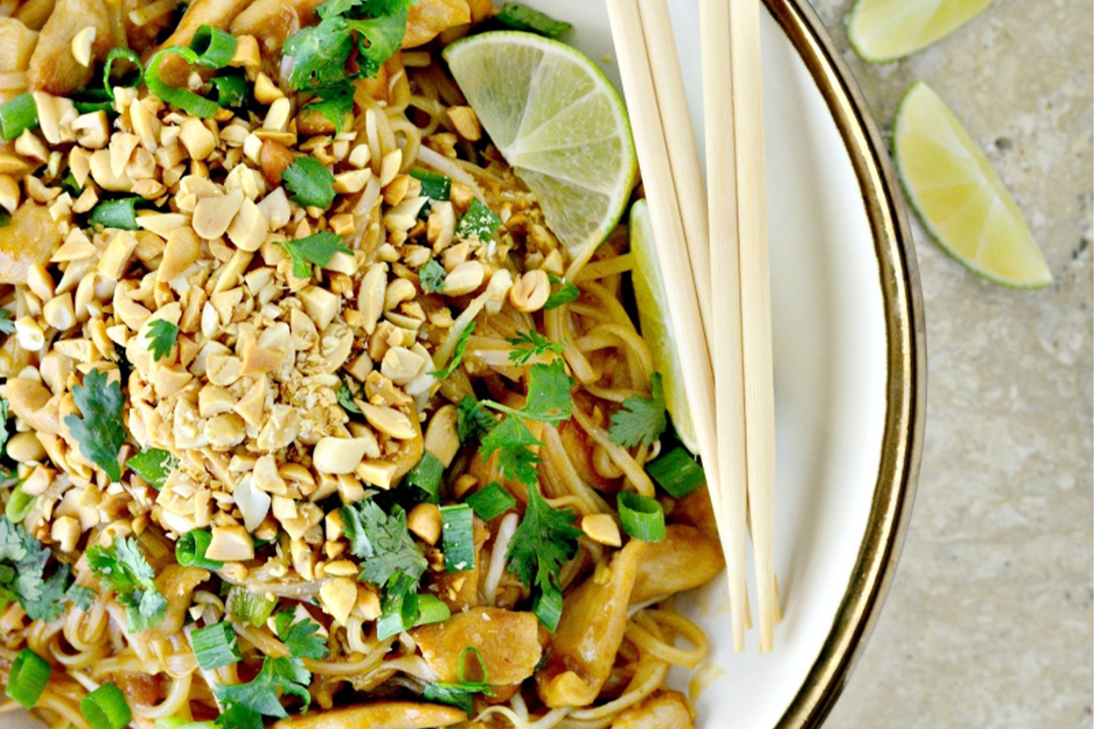 Pad Thai noodles with chicken, peanuts and lime at Red Ginger Asian Bistro, an Asian Fusion Restaurant in Lake City