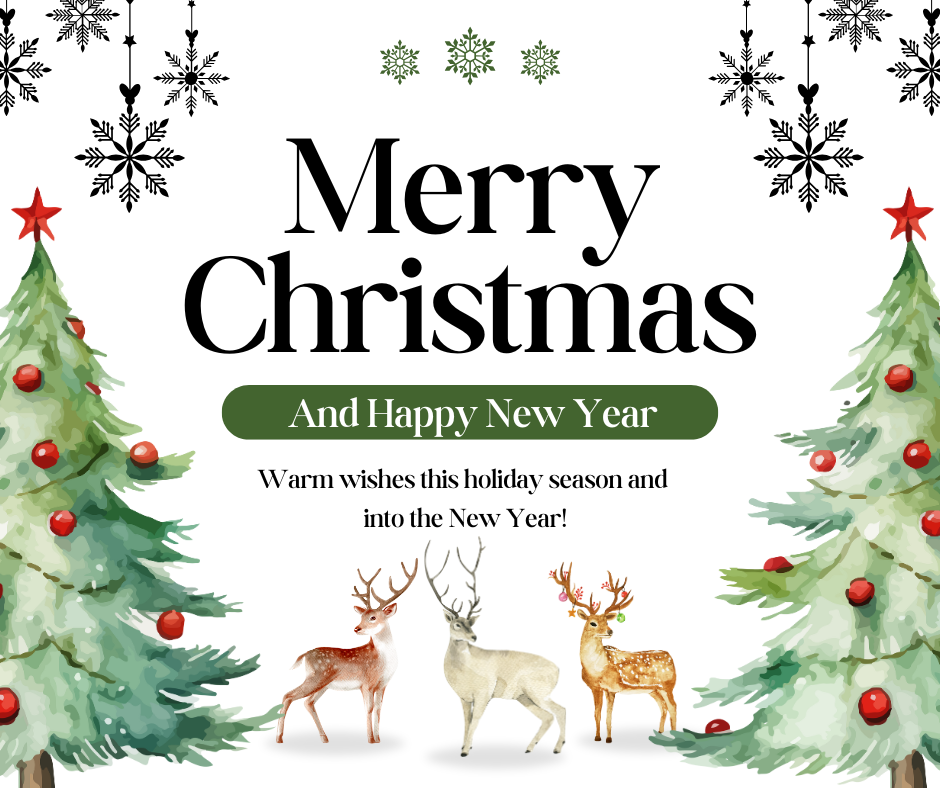 Merry Christmas and Happy New Year wishes from Red Lantern. The image features festive Christmas trees and reindeer illustrations with warm holiday greetings.