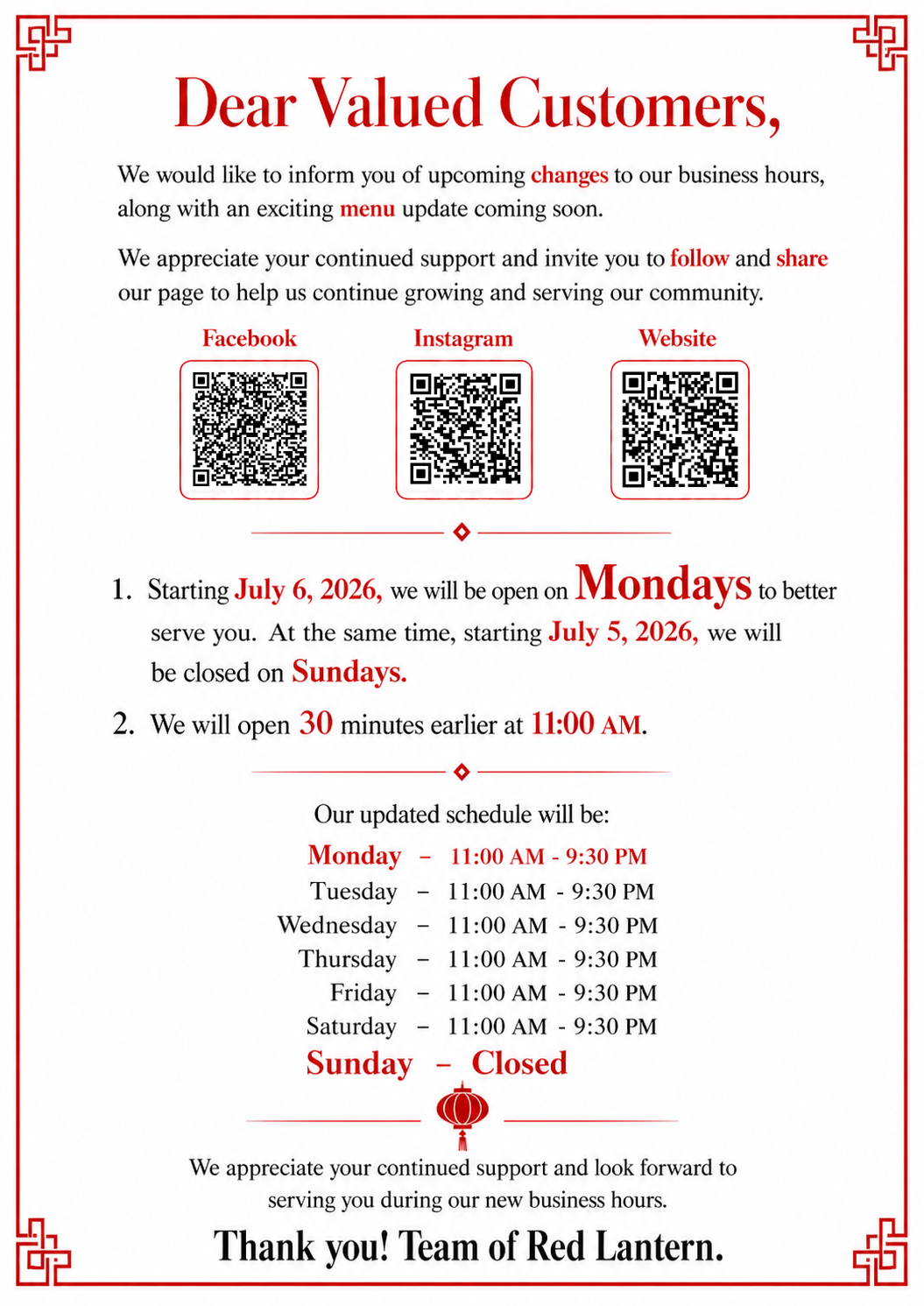 Notice of Special Operating Hours
