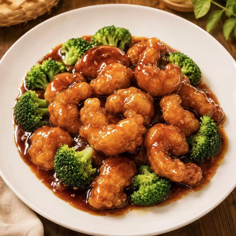 Glazed shrimp and broccoli in brown sauce on a white plate