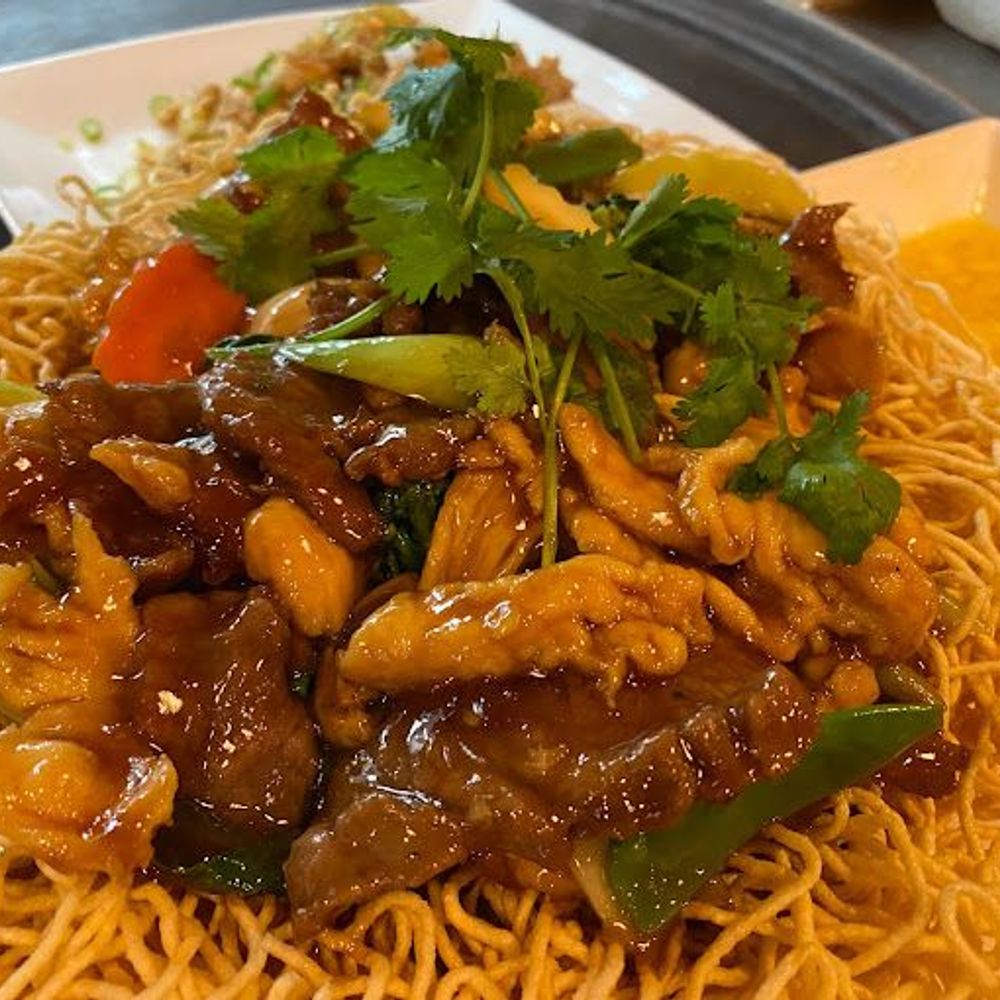Crispy Egg Noodles with Meat and Vegetables at Rice Bistro, Asian Restaurant in Port Orange