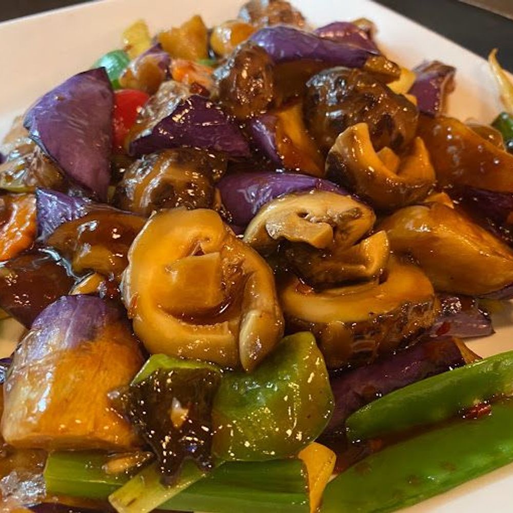 Stir-fried Eggplant and Shiitake Mushrooms at Rice Bistro, Asian Restaurant in Port Orange