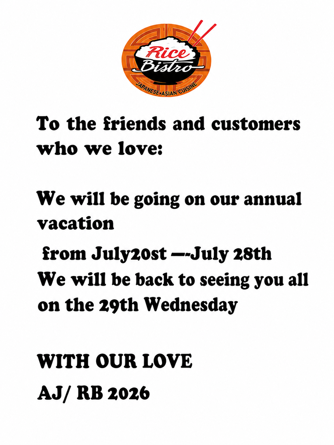 Restaurant Holiday Notice