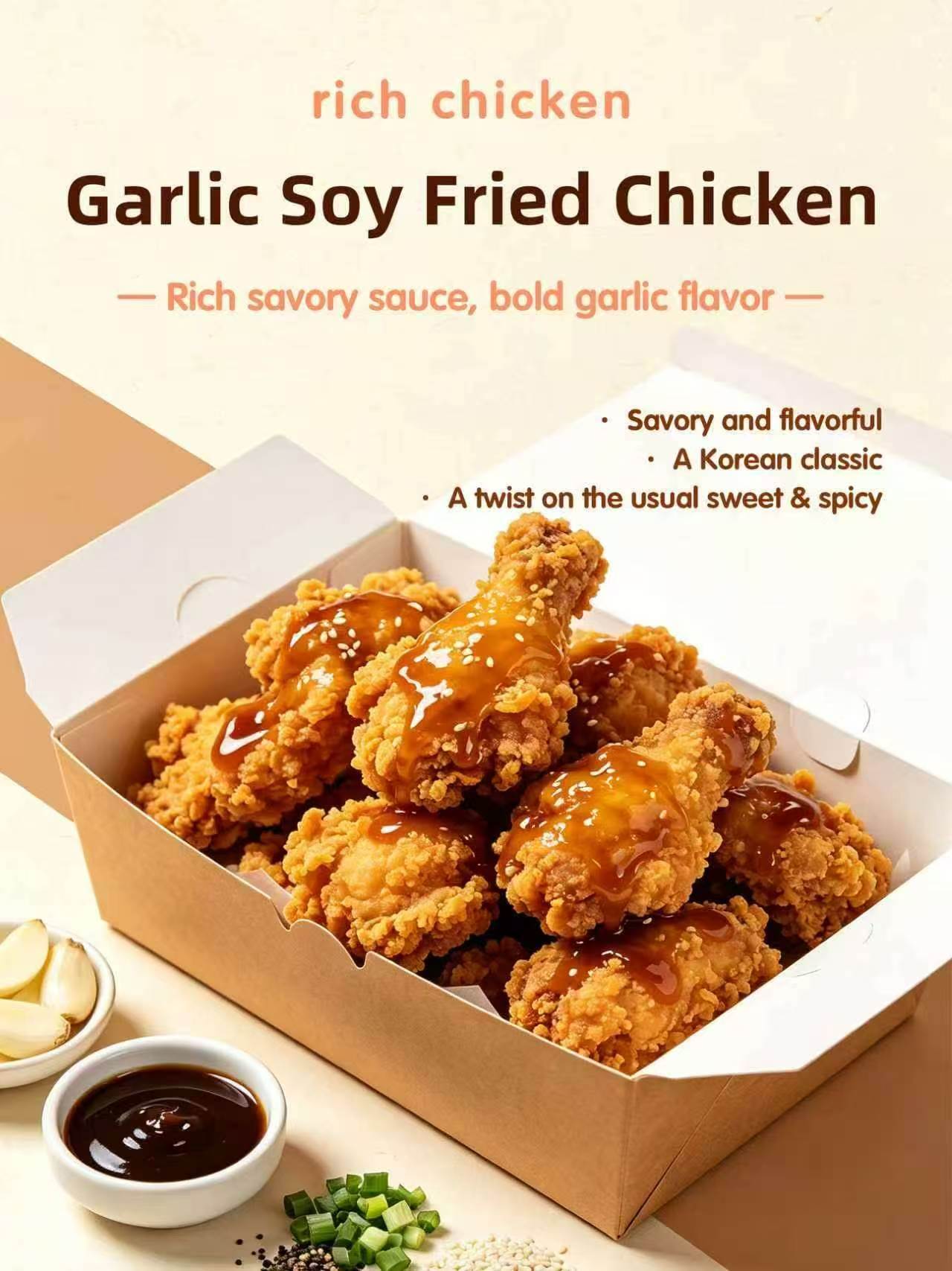 Poster of garlic soy fried chicken, golden crispy chicken pieces coated with glossy garlic‑soy sauce and sesame seeds in take‑out box, garlic cloves and sauce bowl on warm beige background.