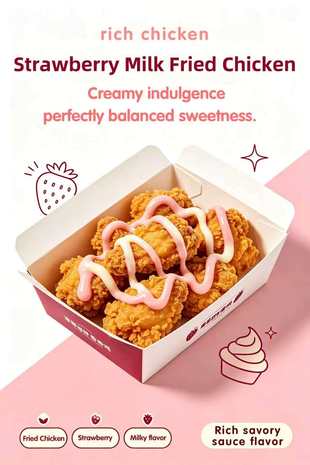 Food poster for strawberry milk fried chicken, crispy fried chicken in take‑out box drizzled with pink‑white sauce, strawberry and cream doodles, product text on soft pink‑white background.