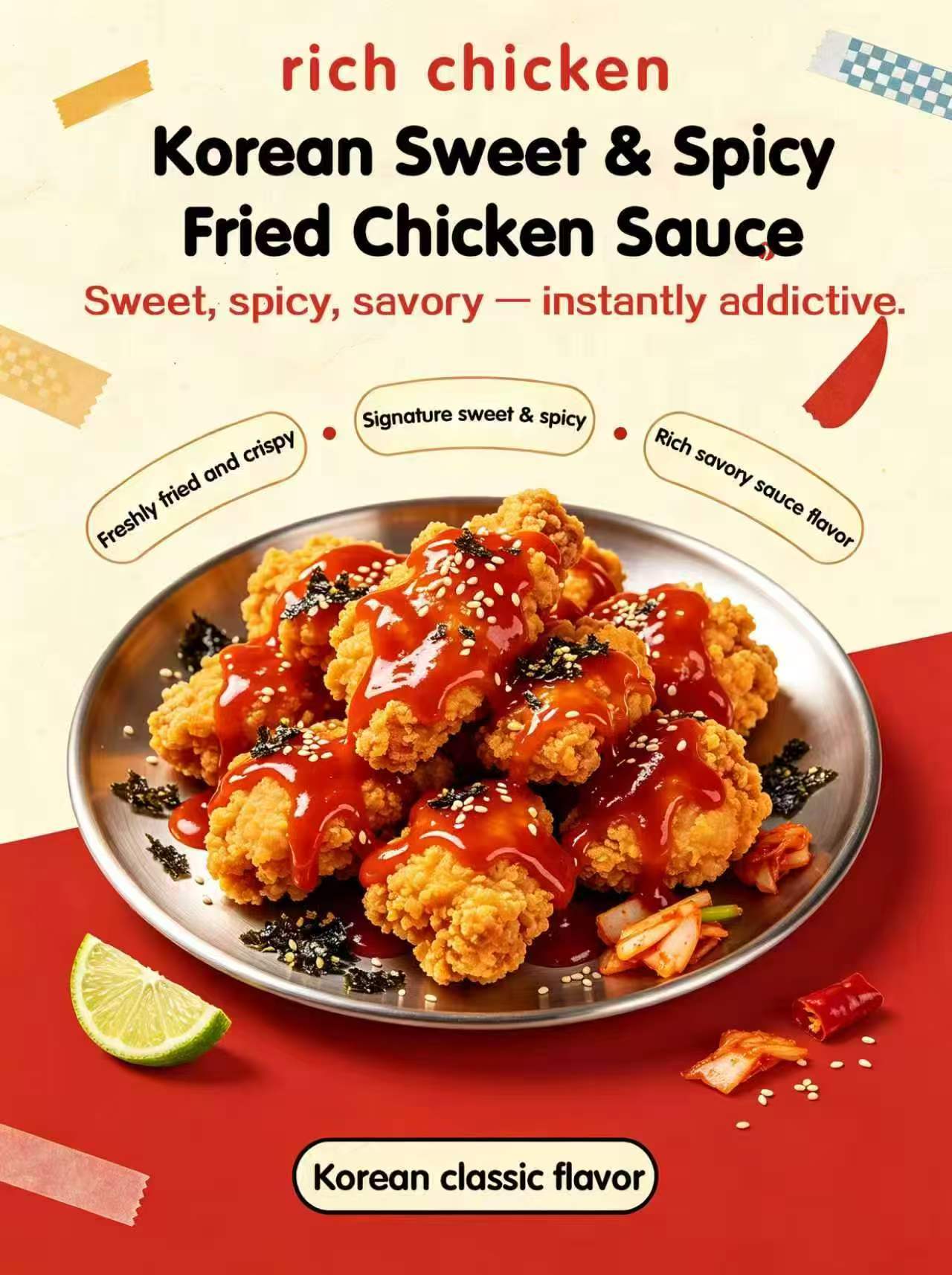 Korean sweet‑spicy fried chicken poster, saucy crispy chicken on metal plate topped with seaweed flakes and sesame, lime wedge and kimchi, descriptive text on red‑cream background.