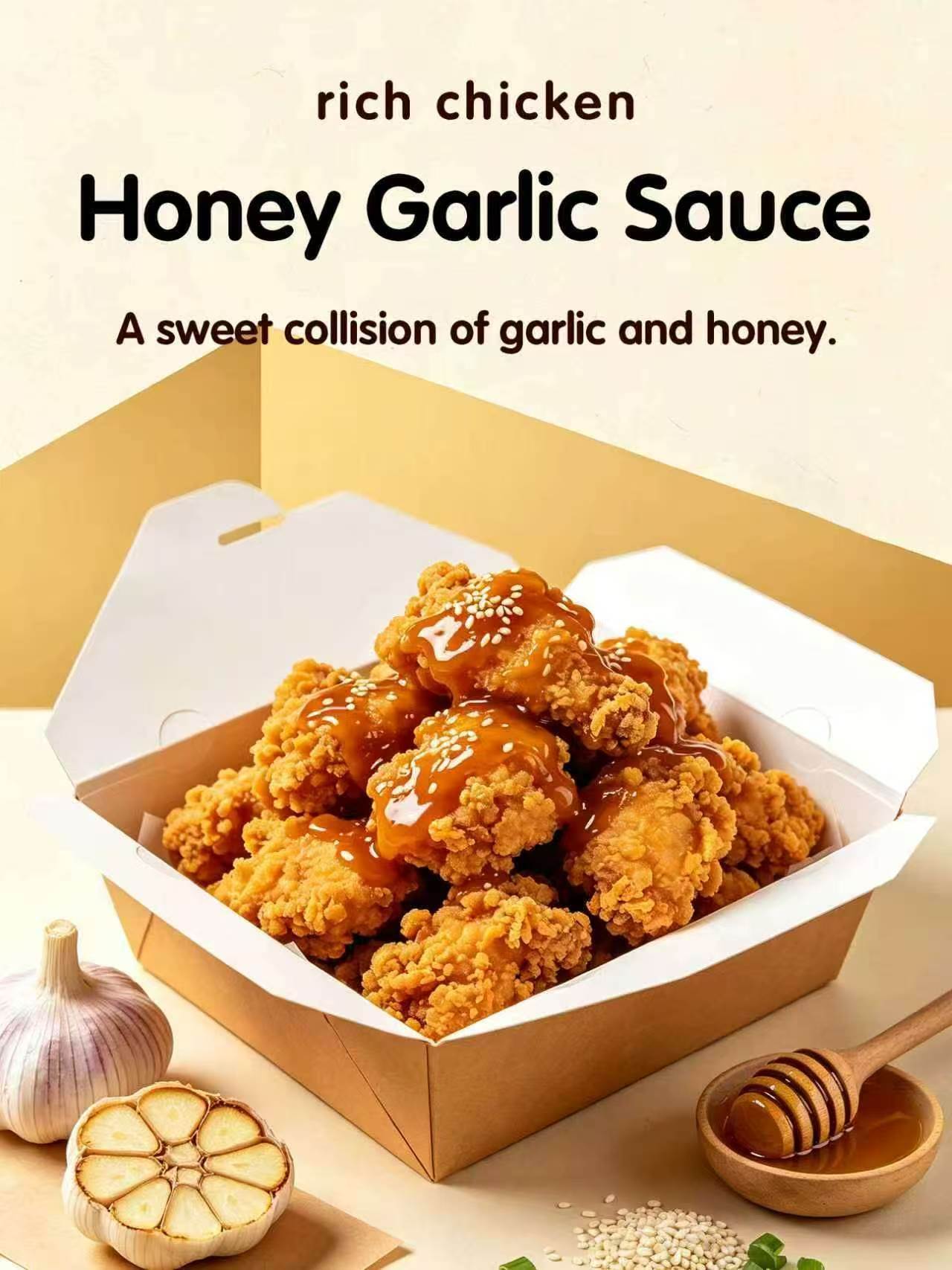 Honey garlic sauce fried chicken poster, crispy fried chicken glazed with honey‑garlic sauce and sesame inside take‑out box, garlic bulb and honey dipper, warm yellow‑beige background.