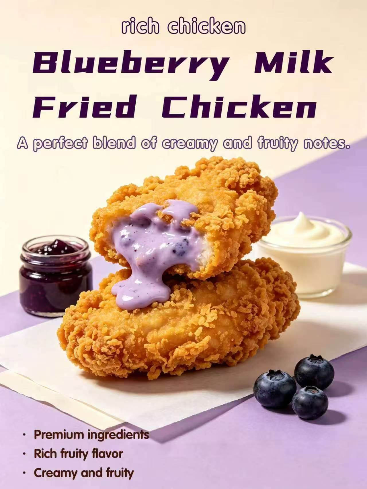 Blueberry milk fried chicken poster, cut‑open fried chicken oozing purple blueberry milk sauce, fresh blueberries, jam jar and cream cup, feature text on soft lavender background.