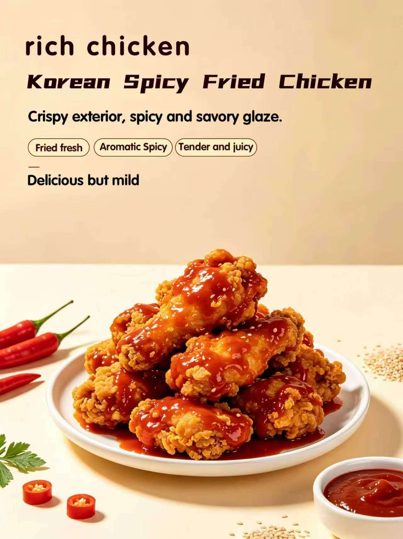 Korean spicy fried‑chicken poster, saucy crispy chicken drumsticks stacked on white plate, red chili peppers, sesame seeds and sauce bowl, feature text on light cream background.
