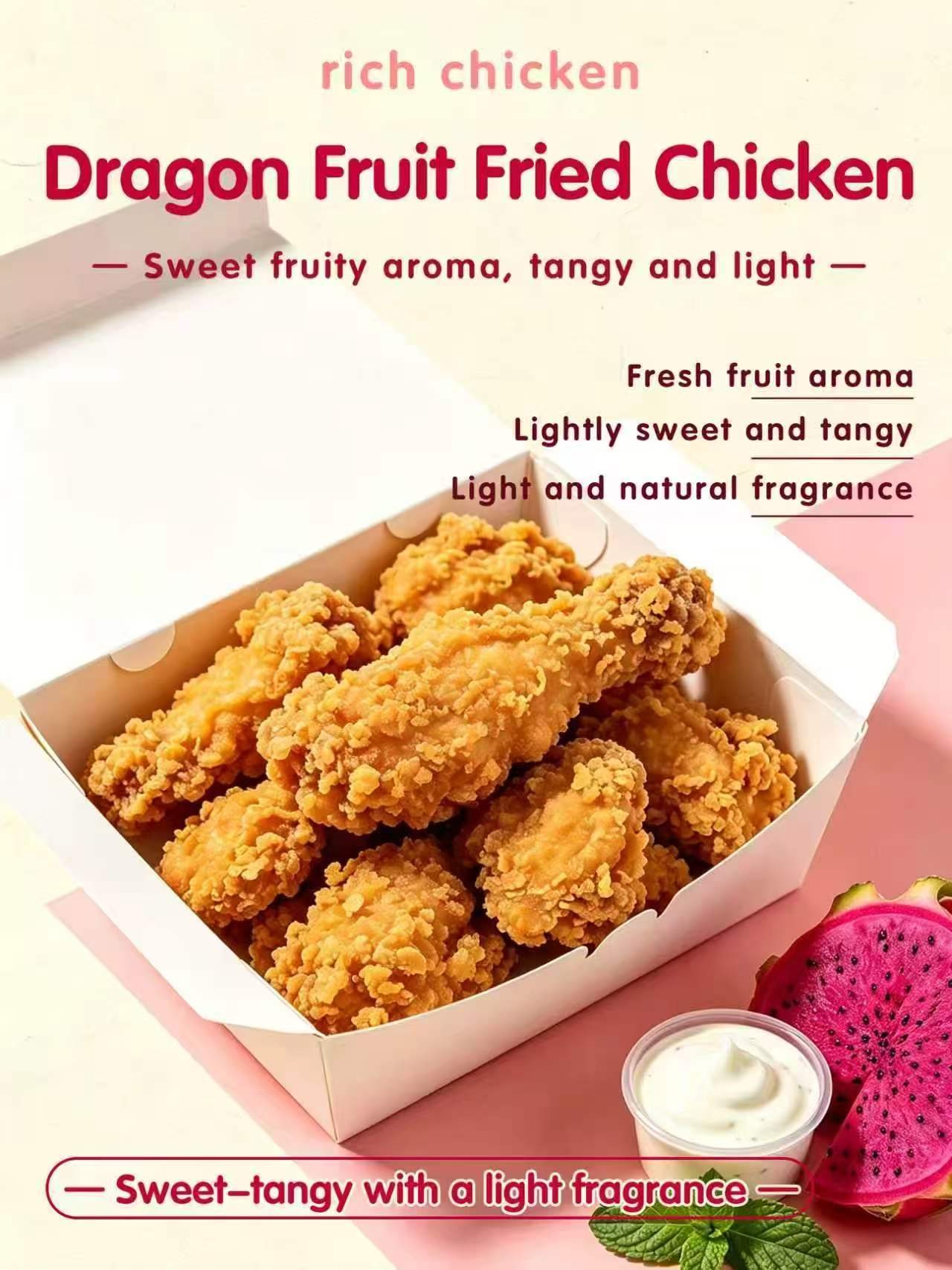 Dragon fruit fried chicken poster, plain crispy fried chicken inside white take‑out box, fresh pitaya fruit and cream dip, flavor text on soft pink‑peach background.