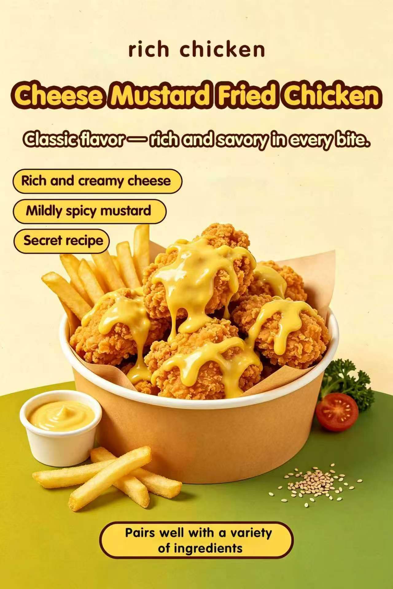 Cheese mustard fried chicken poster, crispy chicken drizzled with flowing yellow cheese‑mustard sauce in paper bowl, side french fries, descriptive text on soft green‑yellow backdrop.
