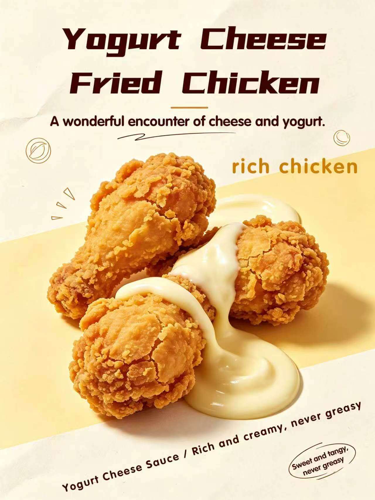 Crispy golden fried chicken drumsticks drizzled with creamy yogurt‑cheese sauce, food poster with product title and flavor description text overlay.