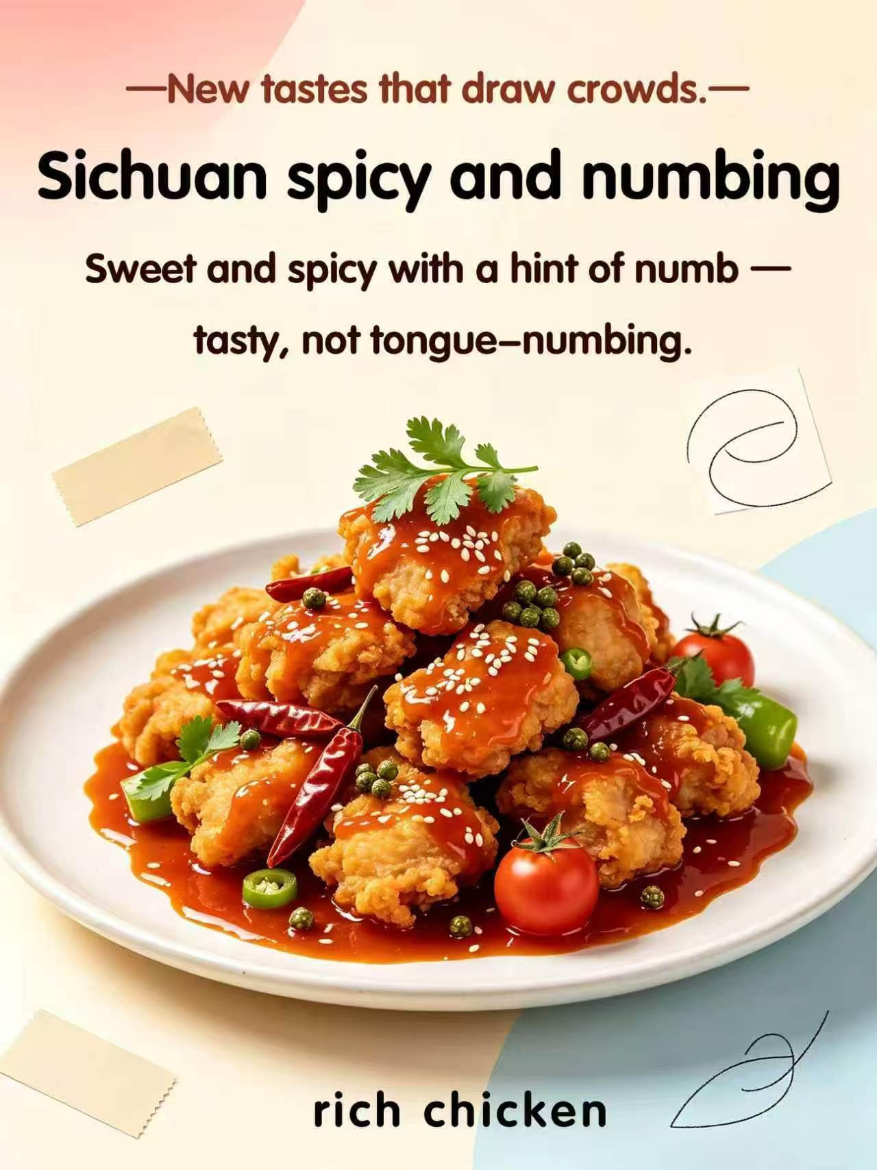 Plate of crispy fried chicken pieces coated in glossy Sichuan mala spicy sauce, garnished with chili, Sichuan peppercorn, sesame and cilantro, menu poster with text overlays.