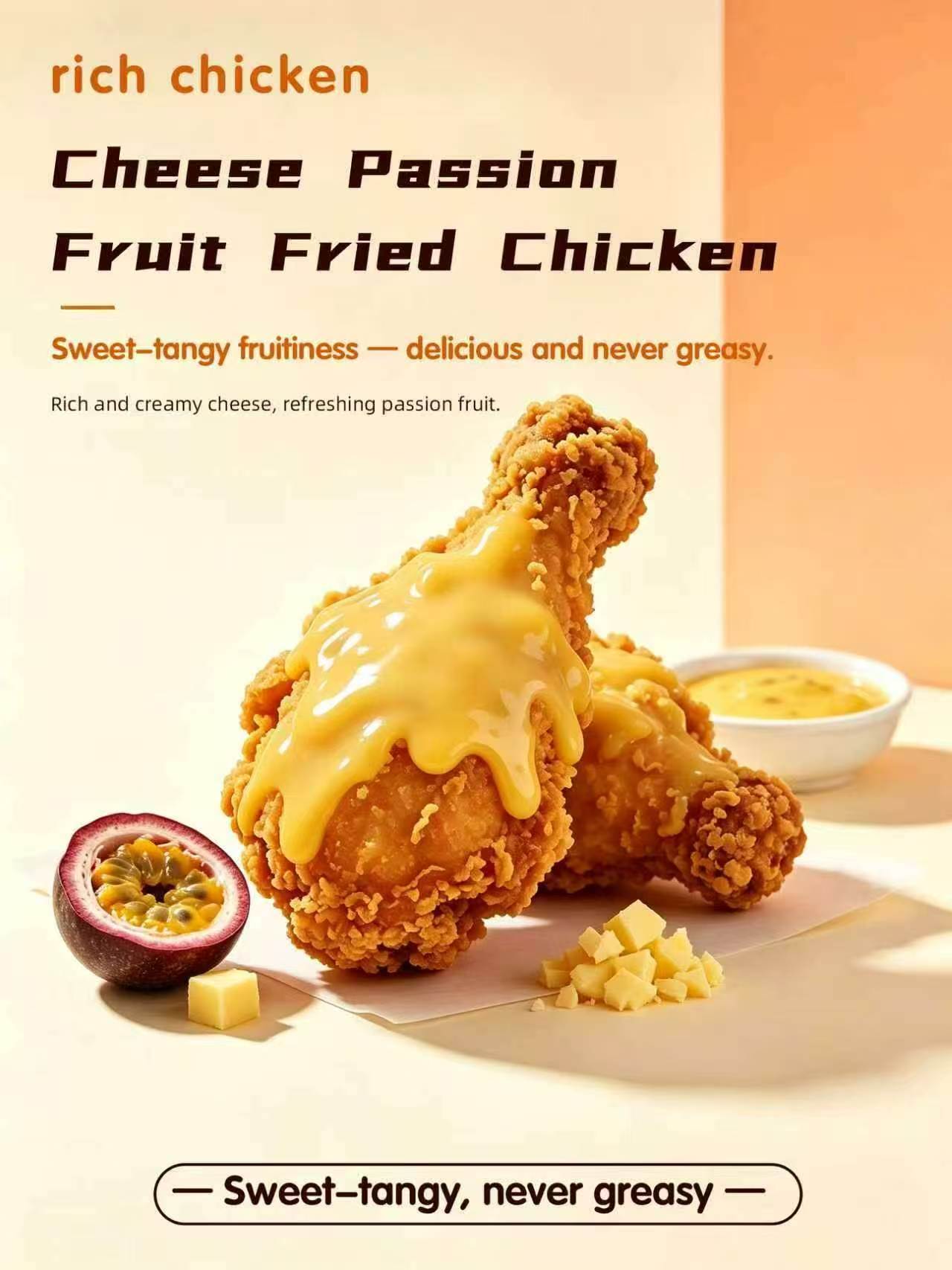 Crunchy fried chicken drumsticks covered in flowing cheese‑passion fruit sauce, with passion‑fruit fruit and cheese cubes beside it, promotional food poster with text.