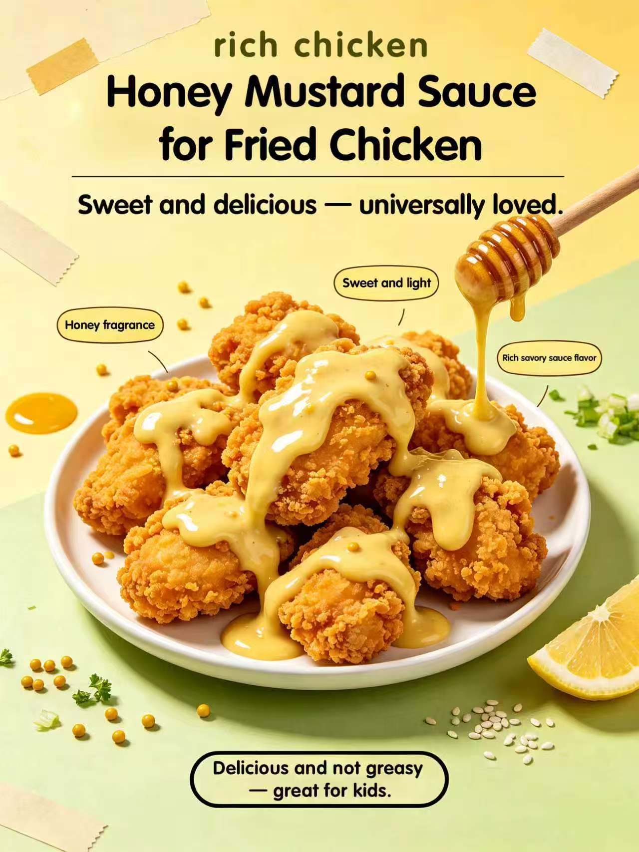 Plate of crispy fried chicken bites covered in smooth honey‑mustard sauce, honey dipper pouring honey, lemon and spices arranged around, food marketing poster with captions.