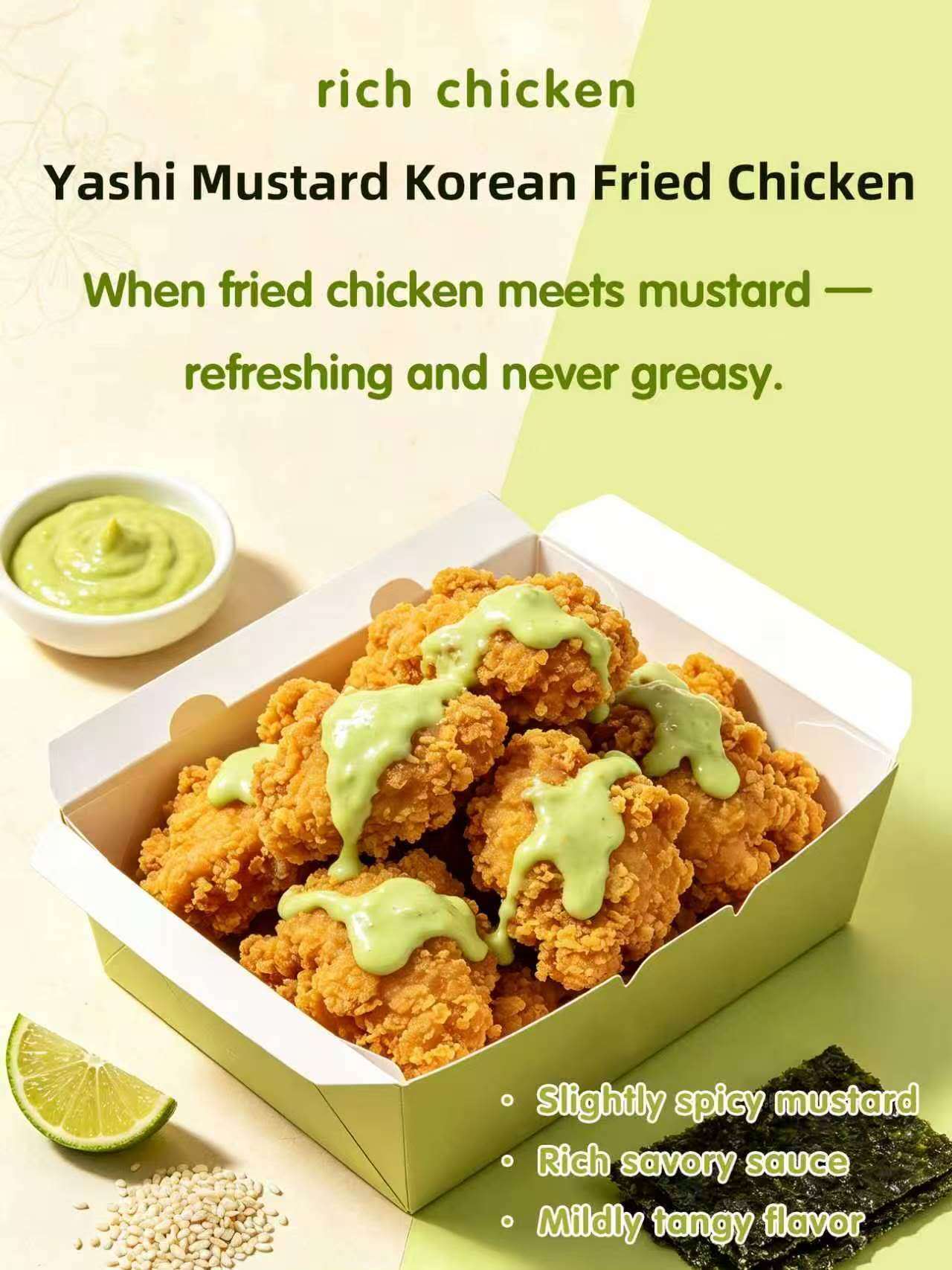 Takeout paper box filled with crispy Korean fried chicken topped with light green wasabi‑mustard sauce, lime wedge and seaweed on side, menu poster with descriptive text.