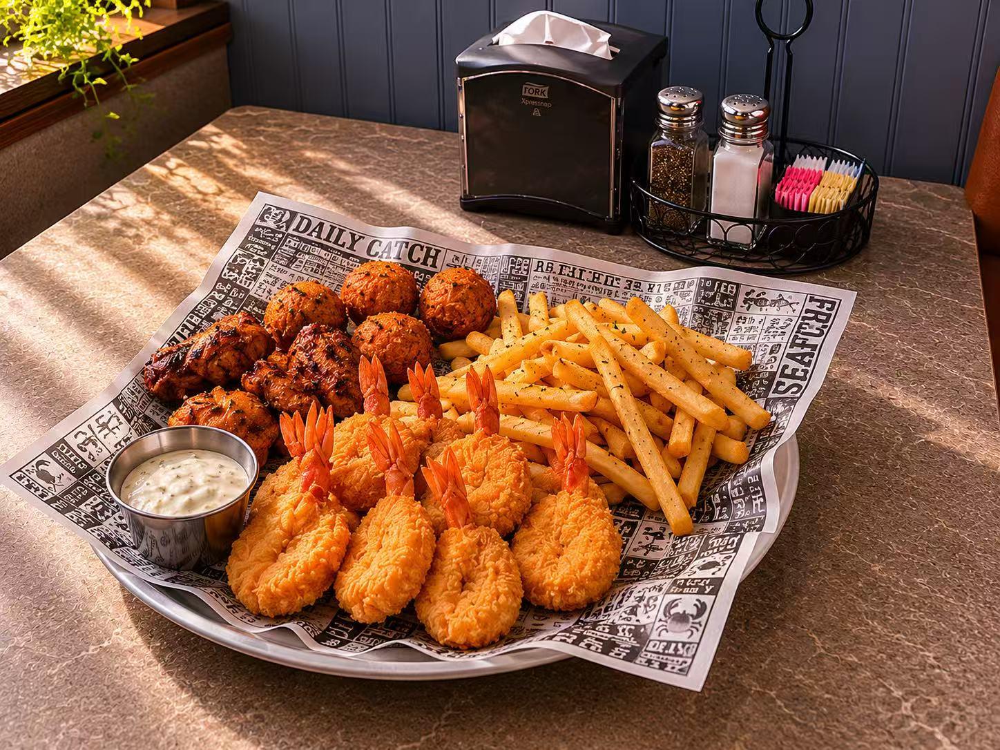 Fried Shrimp Basket with Fries and Hush Puppies at Rig Shack Restaurant, Asian Seafood Restaurant in Odessa