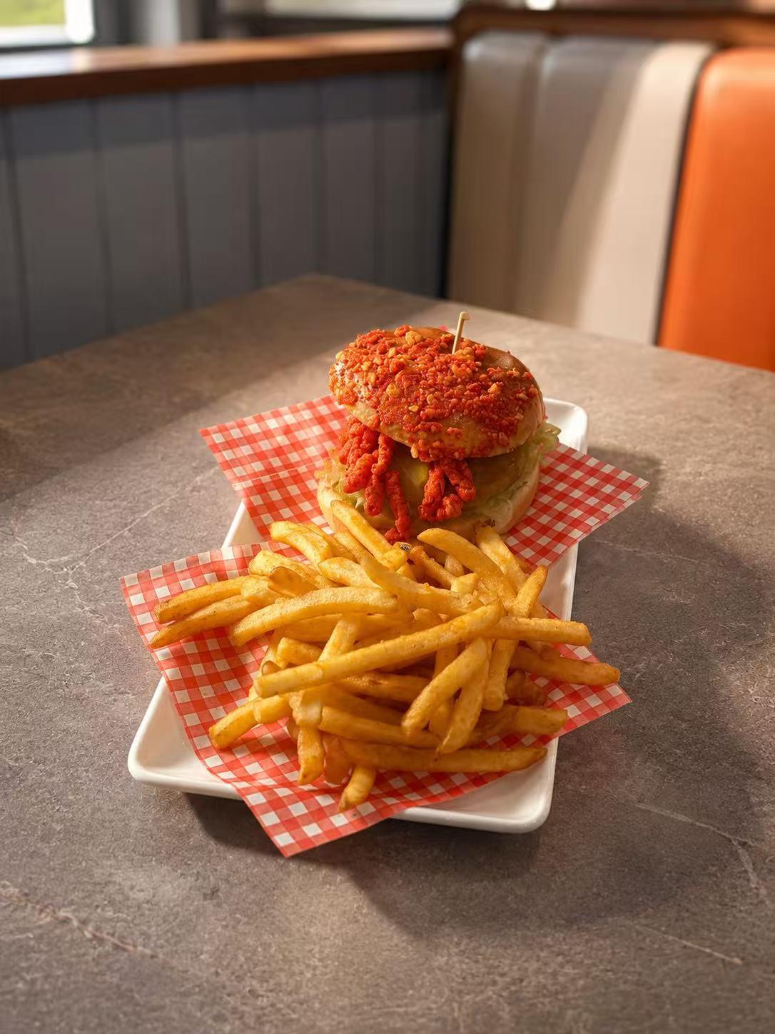 Hot Cheetos Chicken Burger with Fries at Rig Shack Restaurant, Asian Seafood Restaurant in Odessa