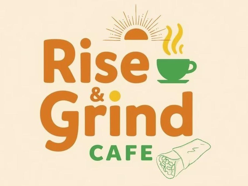 Rise & Grind Cafe logo: sunshine and a coffee wrap