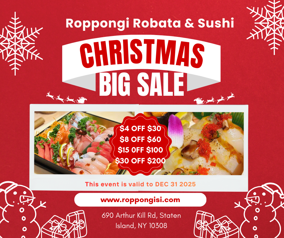 Roppongi Robata & Sushi Christmas Big Sale with holiday discounts up to $30 off and festive food images