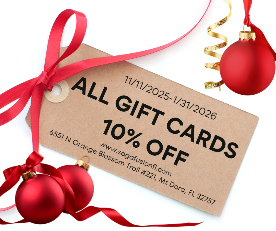 Brown gift tag with red ribbons and ornaments reads “All Gift Cards 10% Off, Nov 11–Jan 31 at Saga Fusion FL.”
