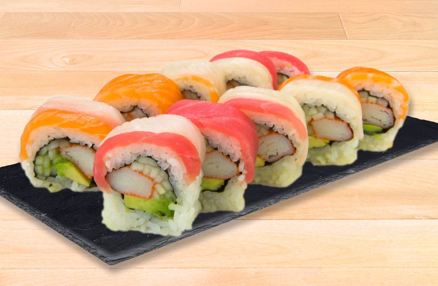 HATAKE-JAPANESE-FUSION-Japanese-Restaurant-Assorted-Fish-Sushi-Roll-Las-Vegas Assorted fish sushi roll with crab, avocado, and cucumber at HATAKE JAPANESE FUSION, a Japanese Restaurant in Las Vegas