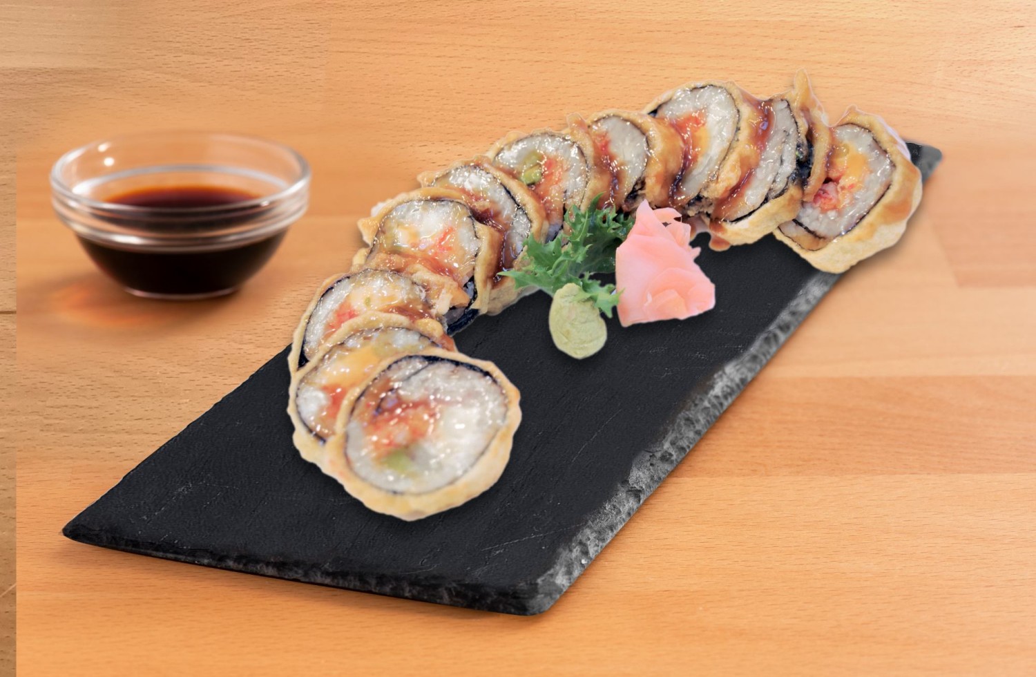 HATAKE-JAPANESE-FUSION-Japanese-Restaurant-Crispy-Sushi-Roll-Las-Vegas Crispy sushi roll served with soy sauce, wasabi, and pickled ginger at HATAKE JAPANESE FUSION, a Japanese Restaurant in Las Vegas