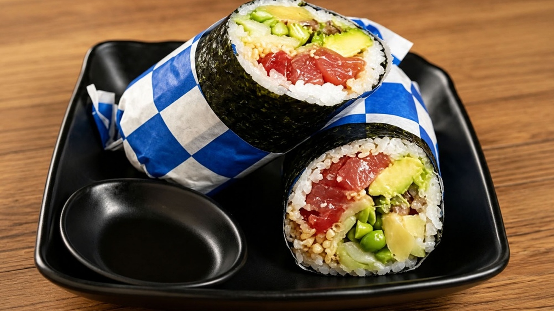 Nori wrapped tuna avocado sushi burrito at Sakana Western, a Hawaiian Restaurant in Chicago
