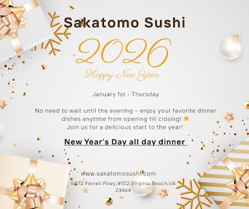 Sakatomo Sushi 2026 New Year flyer with festive design, featuring gold decorations, text announcing all-day dinner on January 1st.