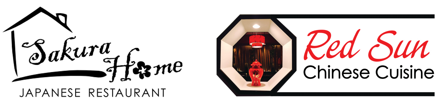 Logos for two restaurants: "Sakura Home" (Japanese cuisine, with a house - shaped icon) and "Red Sun Chinese Cuisine" (featuring an octagonal frame and interior decor), representing Japanese and Chinese dining brands at Sakura Home，a Japanese Restaurant in Rochester