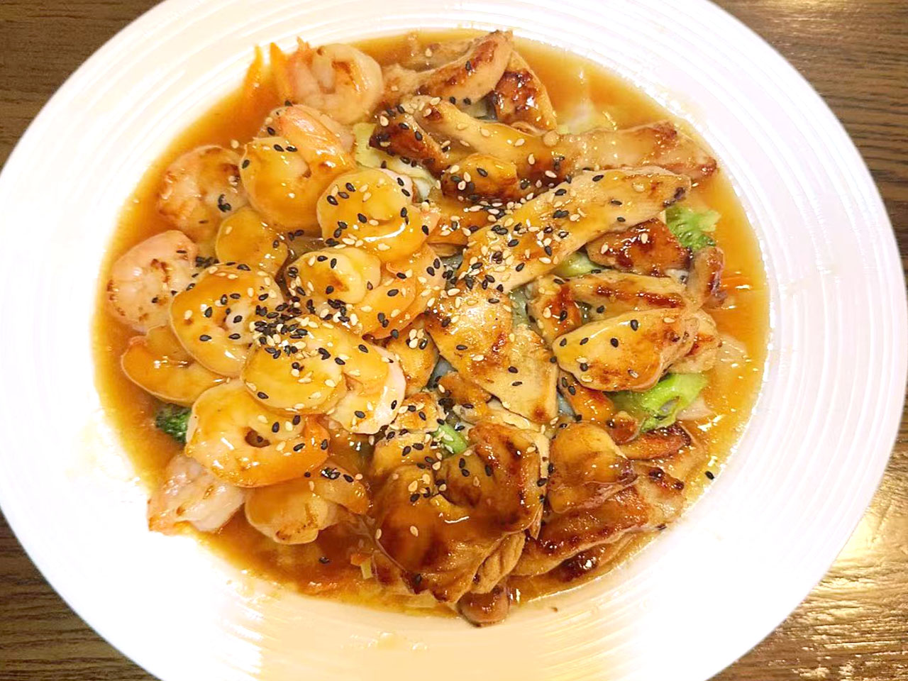Sakura-Japanese-restaurant-Shrimp-Chicken-Stir-Fry-Clark Shrimp Chicken Stir - Fry Juicy shrimp, chicken, veggies in flavorful sauce at Sakura, a Japanese restaurant in Clark