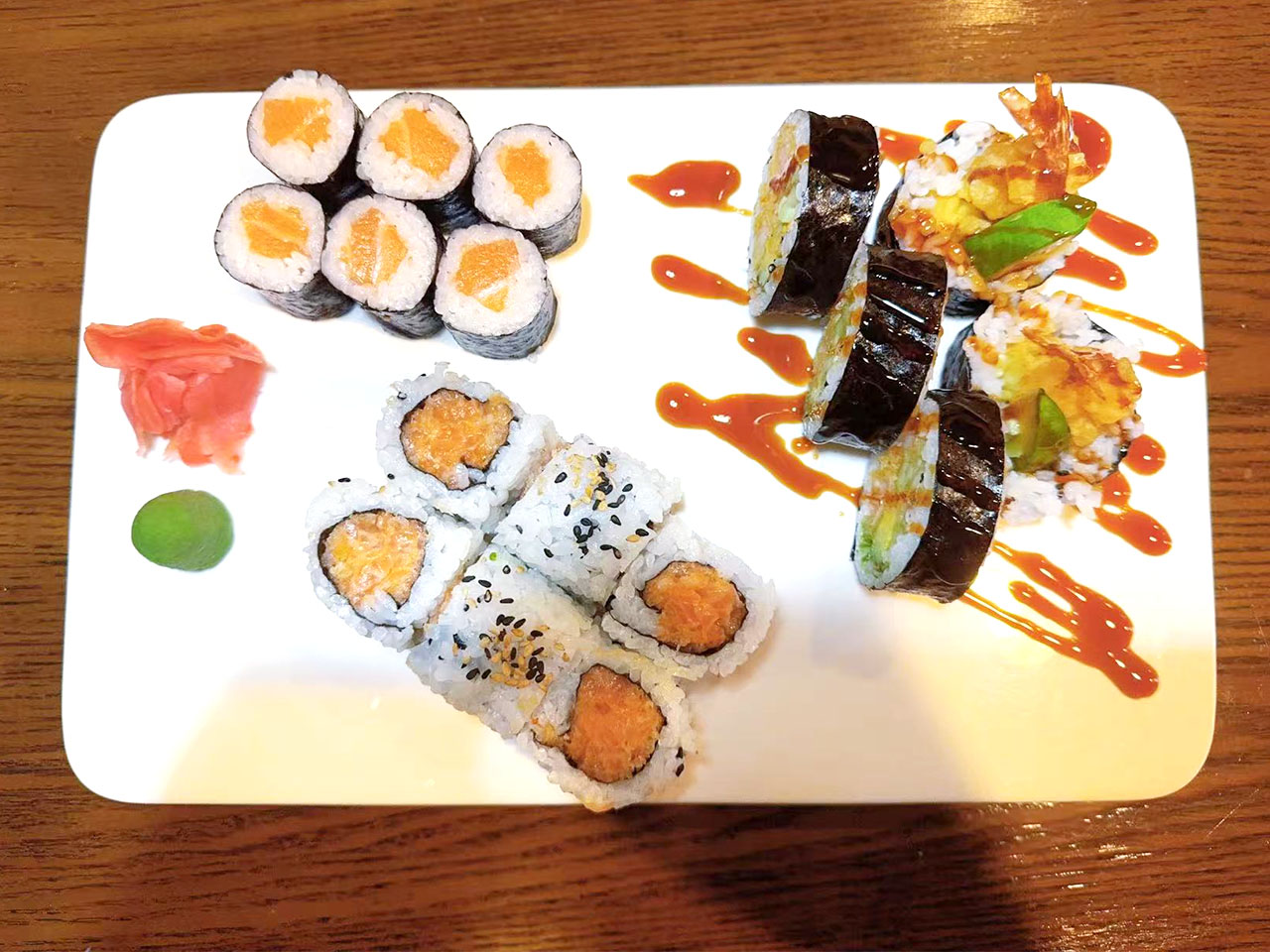 Sakura-Japanese-restaurant-Assorted-Sushi-Platter-Clark Assorted Sushi Platter Variety of sushi rolls with ginger and wasabi at Sakura, a Japanese restaurant in Clark