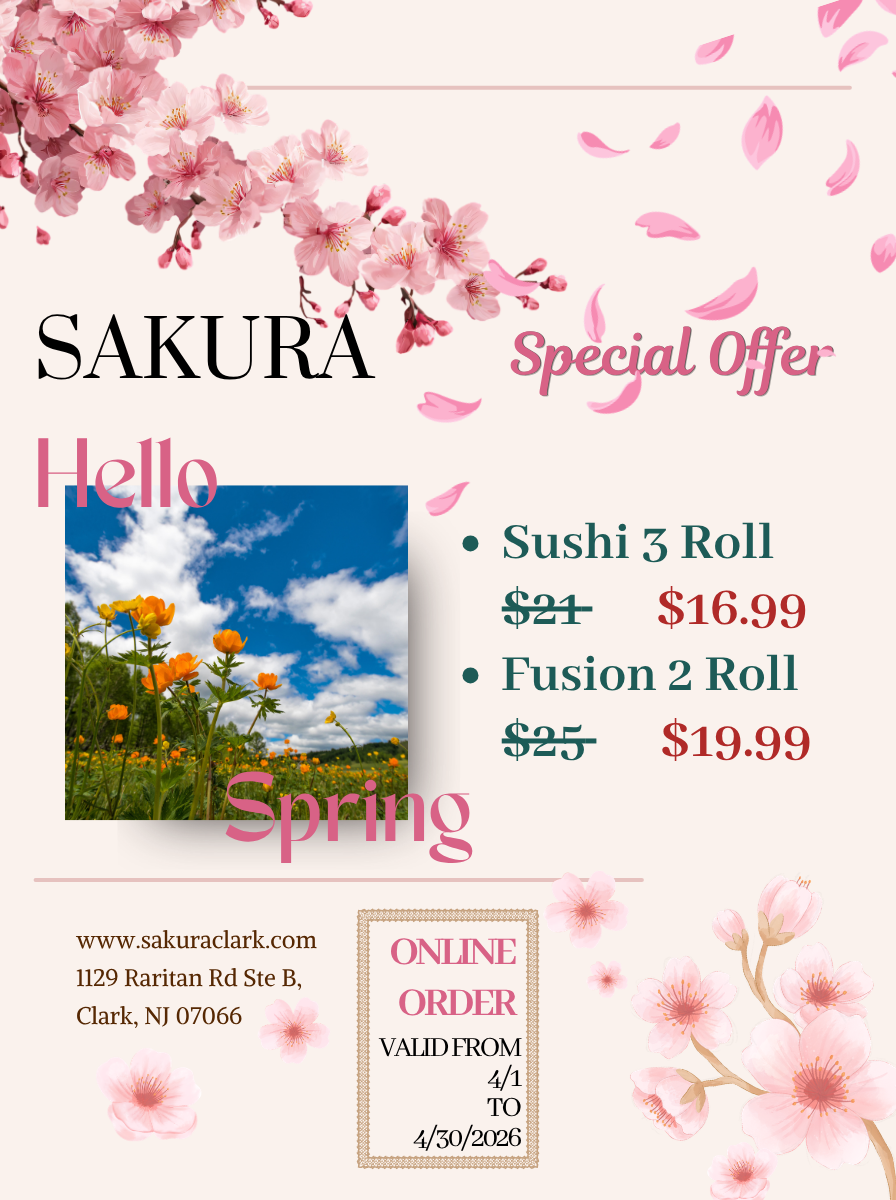 Sakura spring special offer with discounted Sushi 3 Roll and Fusion 2 Roll, valid 4/1 to 4/30/2026 at Clark NJ location.