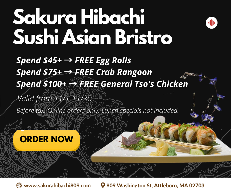 Sakura Hibachi promo: free egg rolls, crab rangoon, or General Tso’s chicken with $45–$100+ online orders, valid 11/1–11/30.