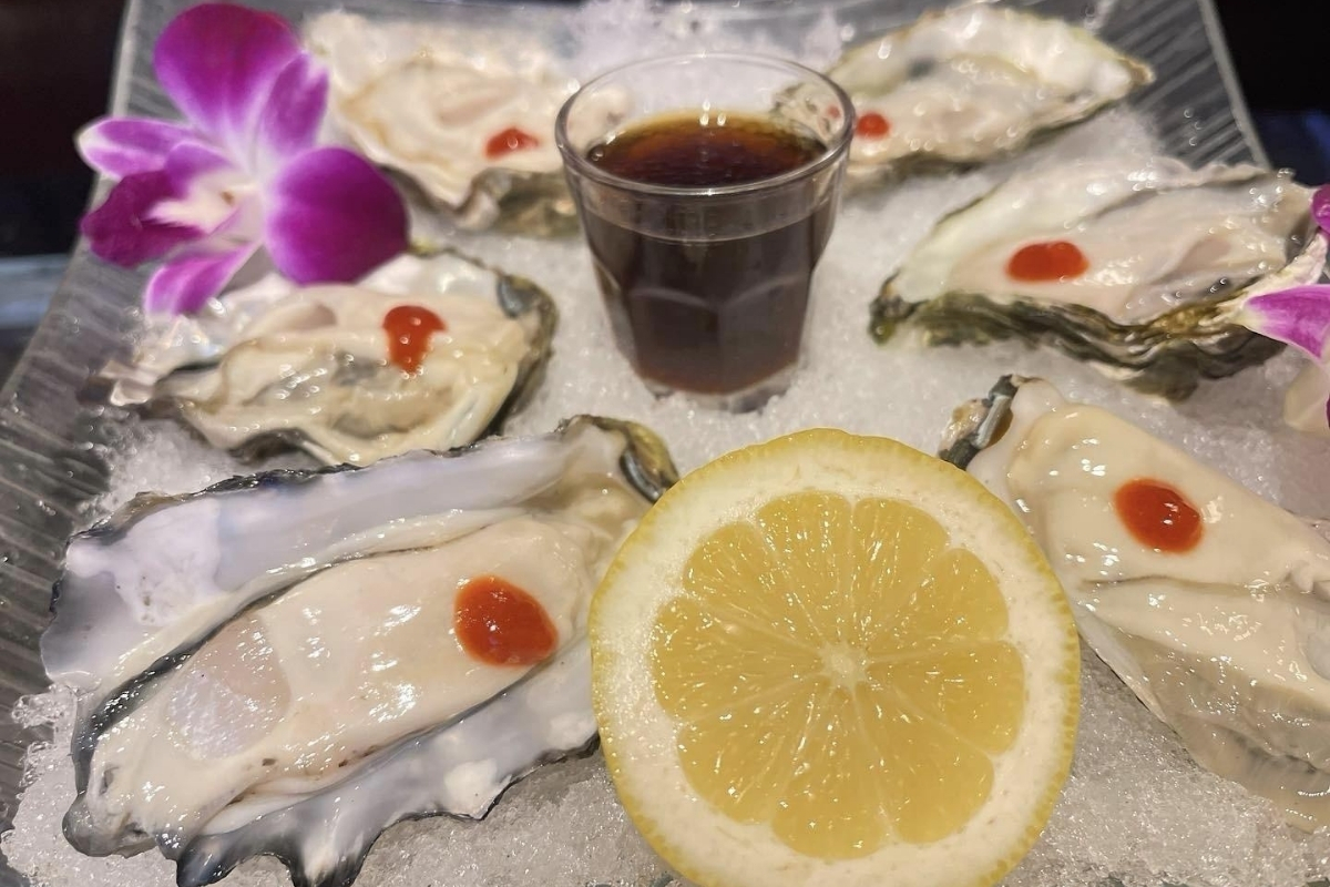 Fresh oysters on ice with lemon, sauce and orchid decor