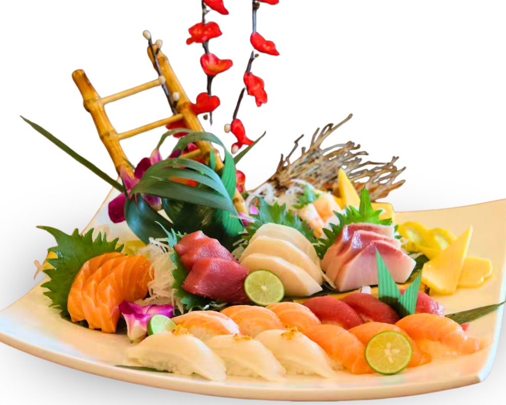 Assorted fresh sashimi platter with artistic garnish at Sakura Sushi & Mongolian Grill, a Sushi Restaurant in Austin.