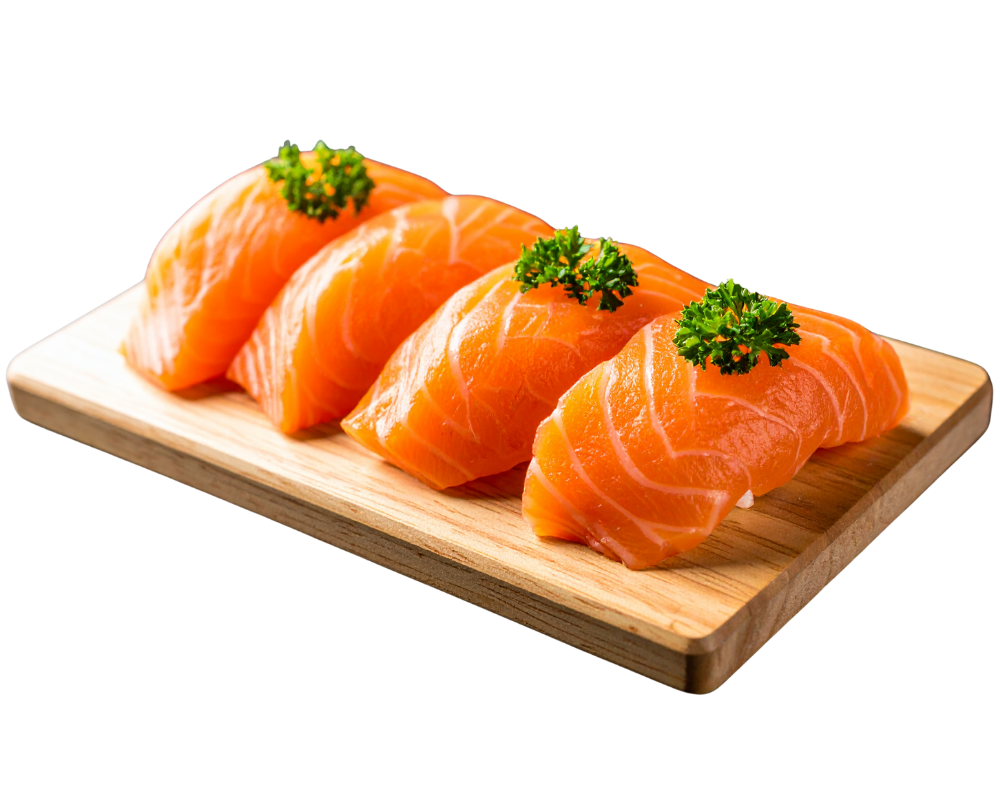 Four pieces of premium salmon nigiri at Sakura Sushi & Mongolian Grill, a Sushi Restaurant in Austin.