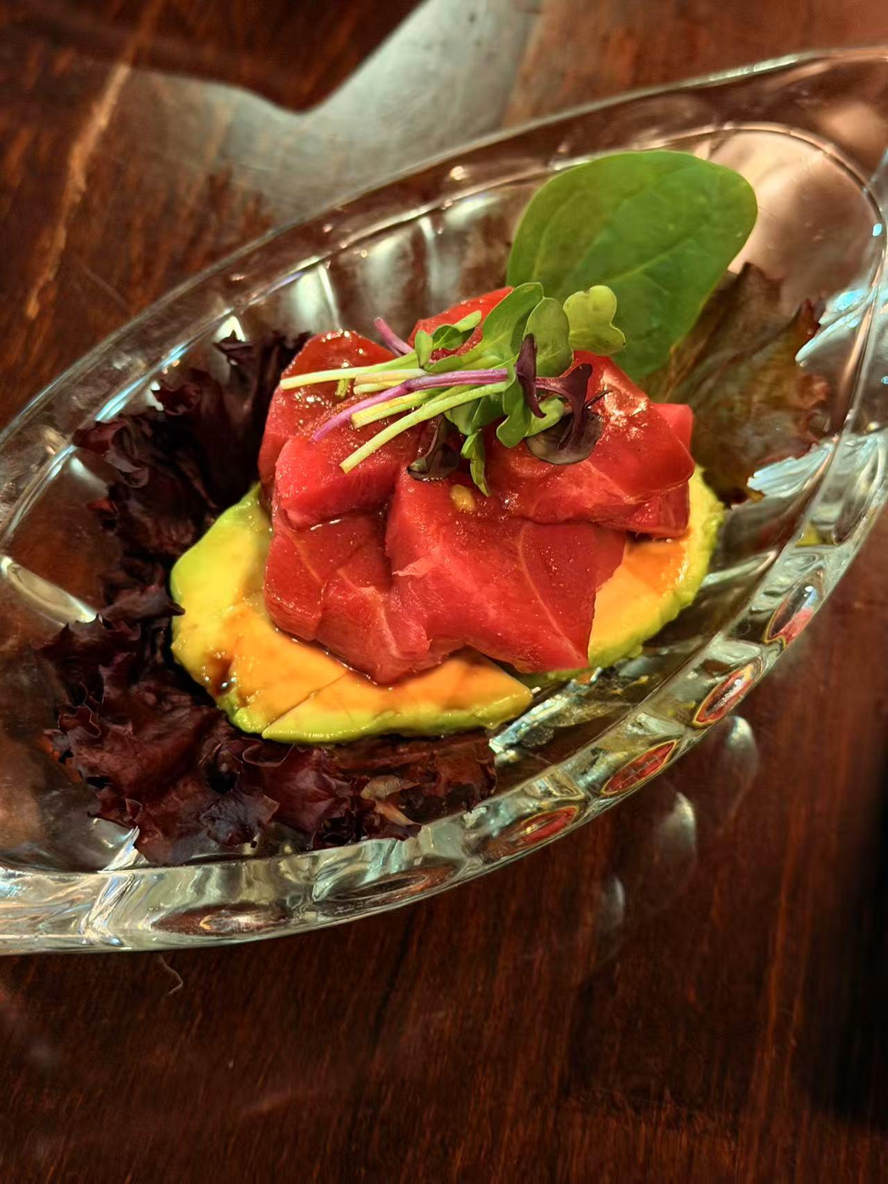 Tuna sashimi appetizer with avocado at Sakura Sushi 88, a Japanese Restaurant in New York