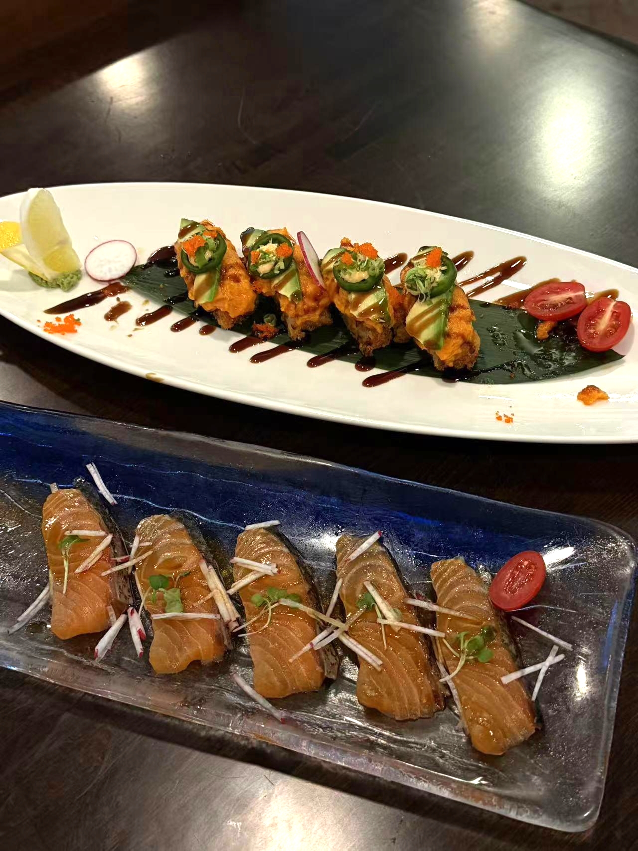 Assorted sushi platter with crispy roll and sashimi at Sakura Sushi 88, a Japanese Restaurant in New York