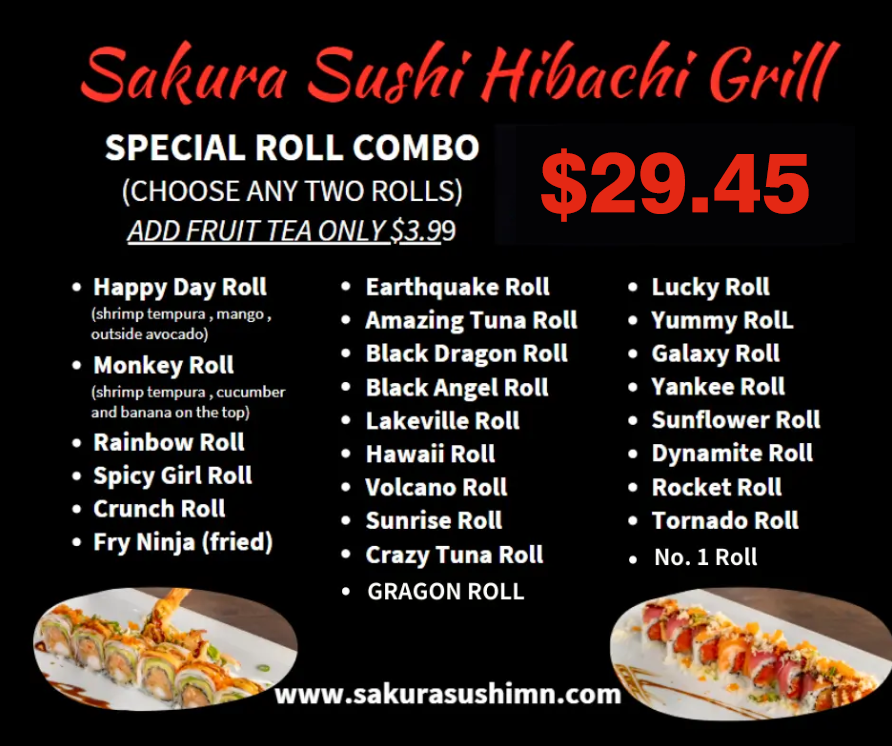 Promotional menu board for Sakura Sushi Hibachi Grill featuring a Special Roll Combo deal with over 30 sushi roll options, including Happy Day Roll, Monkey Roll, Rainbow Roll, and Spicy Girl Roll, with an offer to add fruit tea for $3.99.