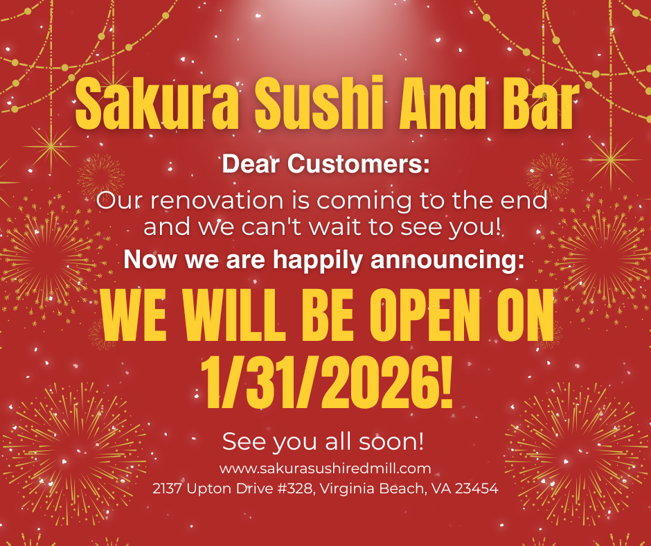 Sakura Sushi announces reopening on 1/31/2026 after renovation, with website and address.