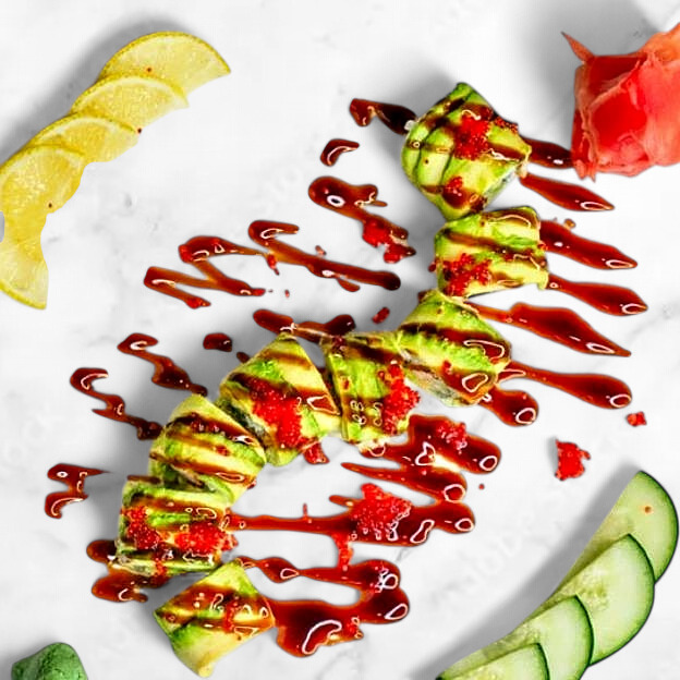 Avocado tobiko sushi roll with eel sauce at Sakura Teriyaki, a Japanese Restaurant in South Orange Village